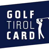 Golf Tirol Card Logo: Weißer Schriftzug auf blauer Raute mit einer Golfspieler Karikatur