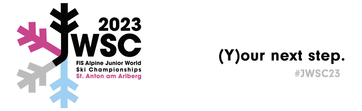 Logo of JWSC 2023 with colorful snowflake and the claim “(Y)our next step.” – FIS Junior World Ski Championships in St. Anton.