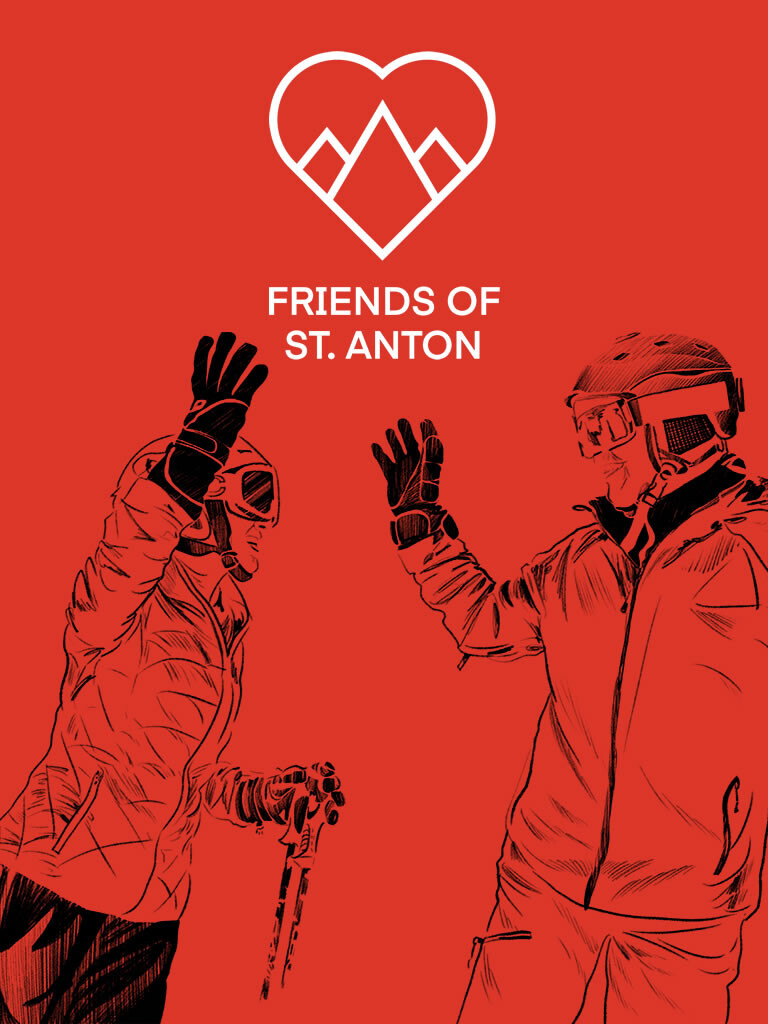 Illustration of two skiers giving each other a high five. In the center is a heart with stylized mountains and the text “Friends of St. Anton.” The entire background is red. The graphic symbolizes community, winter sports, and friendship in St. Anton am Arlberg.