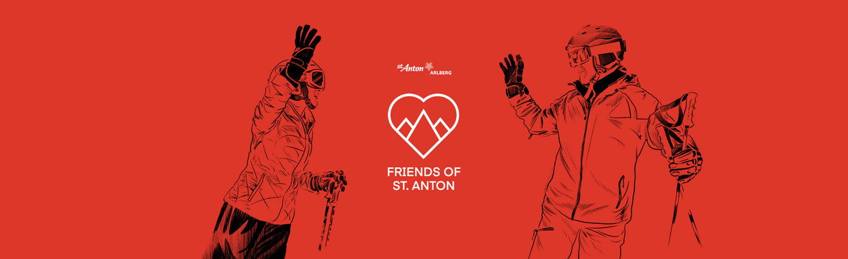 Illustration zweier Skifahrer, die sich mit einem High-Five begrüßen. In der Mitte befindet sich ein Herz mit stilisierten Bergen und dem Text „Friends of St. Anton“. Der Hintergrund ist vollständig in Rot gehalten. Die Grafik symbolisiert Gemeinschaft, Wintersport und Freundschaft in St. Anton am Arlberg.