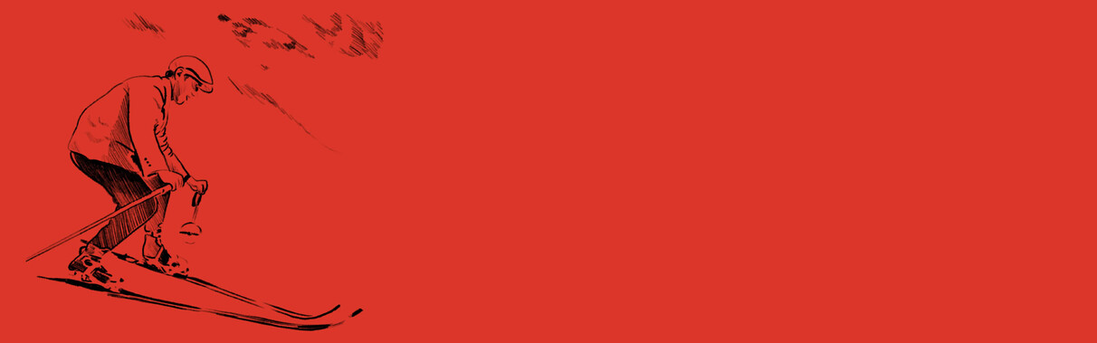 Illustration eines Skifahrers im Retro-Stil, der eine Abfahrt mit klassischer Haltung meistert. Der Hintergrund ist vollständig rot. Die Grafik vermittelt den historischen Charme des Skifahrens in St. Anton am Arlberg und erinnert an die Anfänge des Wintersports in der Region.