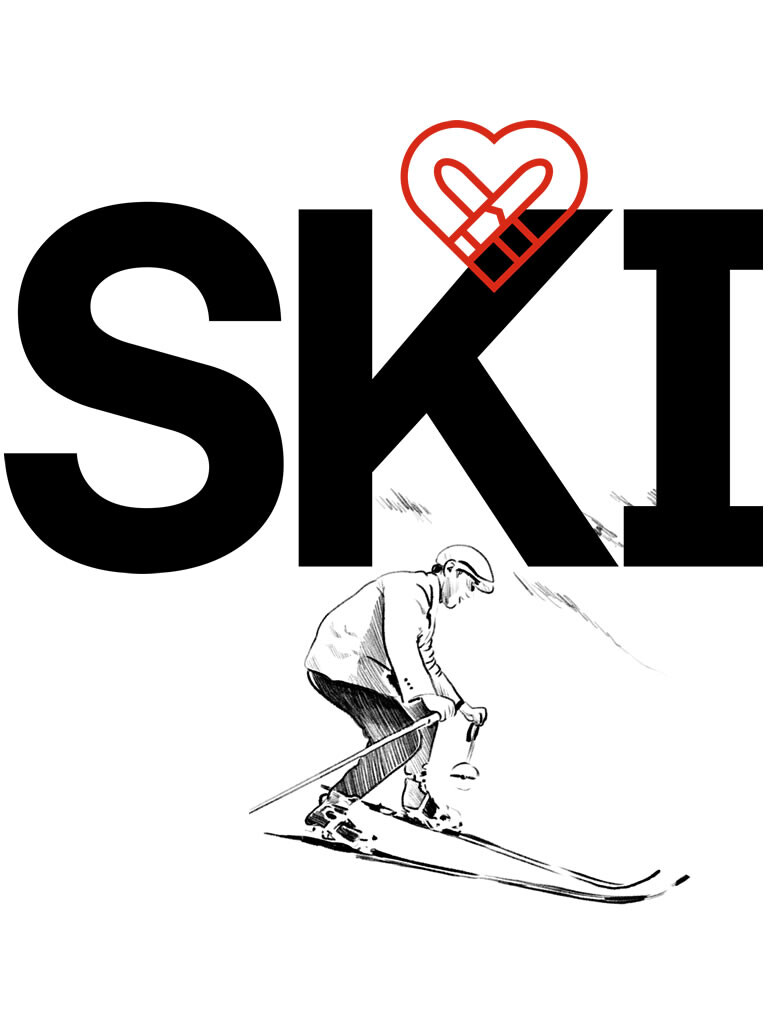 Black-and-white illustration with the bold word “SKI” and a red heart symbol. Below the text, a drawn person skis in classic style – symbolizing winter sports and skiing fun in St. Anton am Arlberg.