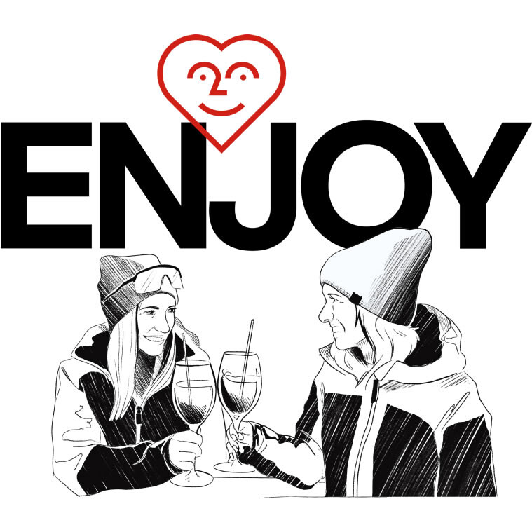 Black-and-white illustration with the word “ENJOY” in bold letters and a smiling red heart above. Below, two drawn women in winter clothing enjoy drinks together – symbolizing sociability and enjoyment in St. Anton am Arlberg.
