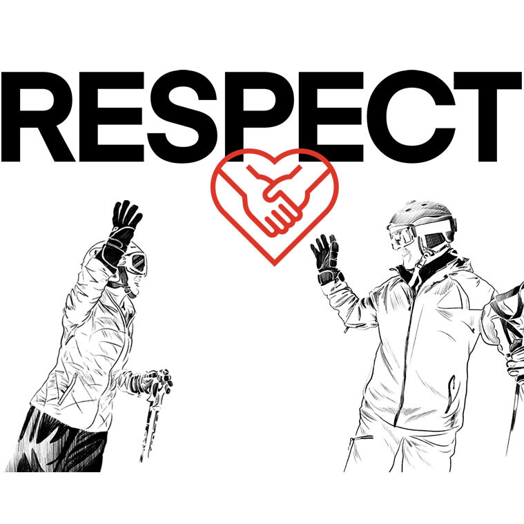 Black-and-white illustration with the word “RESPECT” in bold letters and a red heart featuring a handshake symbol above. Two winter sports enthusiasts give each other a respectful high five – representing consideration and community in St. Anton am Arlberg.