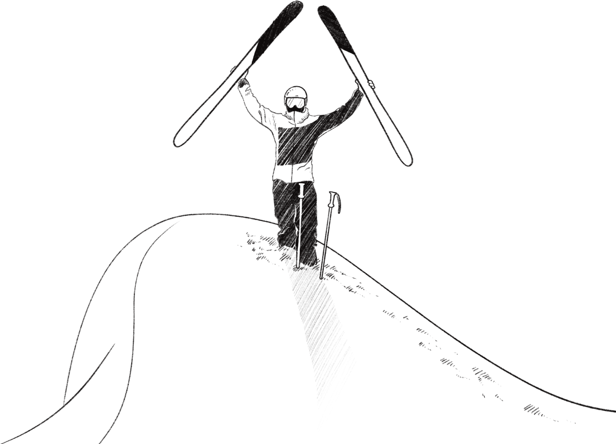 Black and white drawing of a skier standing on a mountain peak, holding crossed skis triumphantly above his head. The image symbolizes winter sports and the passion for skiing in the St. Anton am Arlberg region.
