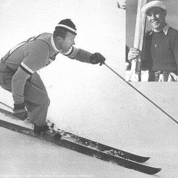 Historische Aufnahme von Toni Matt beim Skifahren 