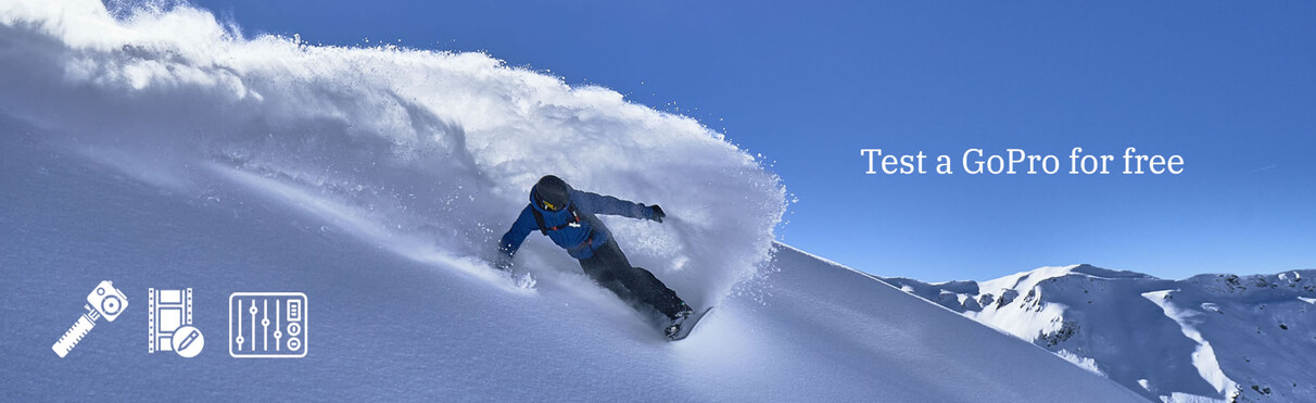 Snowboarder rides through fresh powder snow with GoPro test offer banner.
