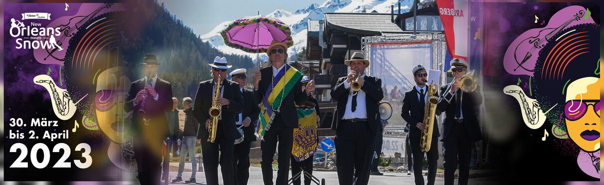 Bild von einer marschierenden Jazz-Band. Auf den Bildrändern links und rechts sind teile des Sujets einarbeitet - in lila Farben und weißer Schrift. 