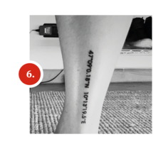 Zweites Koordinaten-Tattoo auf der gegenüberliegenden Wade: 47.09187°N, 10.17063°E – ein weiteres alpines Ziel mit persönlicher Bedeutung.