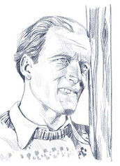 Gezeichnetes Porträt von Rudi Matt, einem Pionier des modernen Skilaufs. Er schaut entschlossen nach vorne, eine Skispitze im Bild.