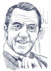 Gezeichnetes Porträt von Friedl Pfeifer, charismatischer Skilehrer aus St. Anton. Er lächelt charmant in die Kamera.