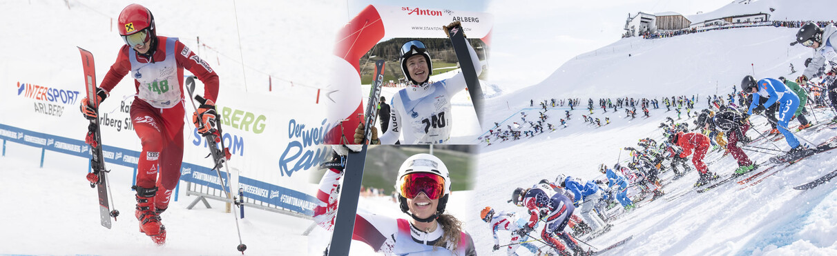 Drei Szenen aus dem legendären Massenstart-Rennen „Der Weiße Rausch“ in St. Anton. Hunderte Skifahrer starten gemeinsam ins Tal – Action und Begeisterung pur.