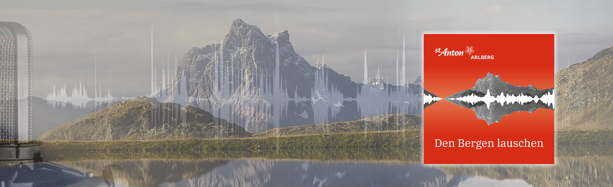 Podcast „Den Bergen lauschen“ vor grüner Alpenlandschaft mit Tonspur und Mikrofon-Overlay.