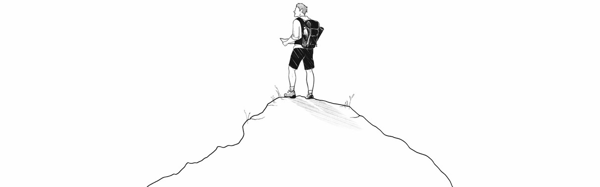 Black and white drawing of a hiker with a backpack and trekking poles standing alone on a mountain peak. The illustration captures the feeling of freedom and nature experience while hiking in the mountains of St. Anton am Arlberg.