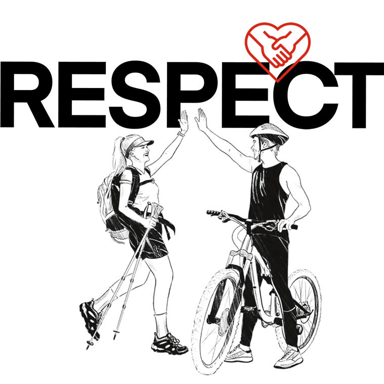Black-and-white illustration with the word “RESPECT” in bold capital letters and a red heart featuring a handshake symbol. A hiker and a cyclist in summer attire give each other a high five – symbolizing mutual respect on the trails around St. Anton am Arlberg.