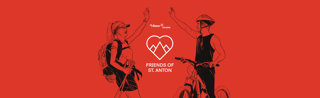Illustration of a female hiker and a male cyclist giving each other a high five. In the center is a heart with stylized mountains and the text “Friends of St. Anton.” The background is entirely red. The graphic represents community, outdoor activities, and friendship in St. Anton am Arlberg during summer.