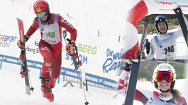 Teilnehmer des Skirennens „Der weisse Rausch“ jubelnd mit Skiern im Zielbereich.