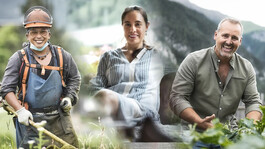 Drei Menschen aus der Region bei handwerklicher und landwirtschaftlicher Arbeit.