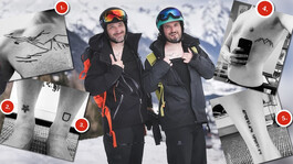 Zwei Skifahrer präsentieren stolz ihre Arlberg-Tattoos, umgeben von Detailfotos weiterer Wintersport-Tattoos.