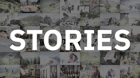 Symbolbild für "Geschichten", Bildercollage mit vielen Bildern der Blogeinträge. Weißer Schriftzug mit "Stories" darüber gelegt.