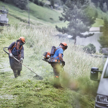 Zwei Männer mit Motorsensen mähen gemeinsam eine steile Böschung mit hohem Gras. Einer trägt ein blaues T-Shirt, der andere einen orangefarbenen Schutzhelm.