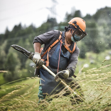 Adji Becker mit Schutzhelm und Gesichtsmaske mäht Gras auf einer steilen Wiese mit einem Freischneider. Gras fliegt durch die Luft.