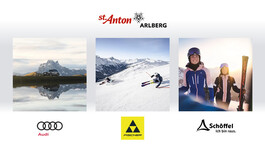 Wintersportmotive flankiert von Logos der Partner Audi, Fischer und Schöffel.