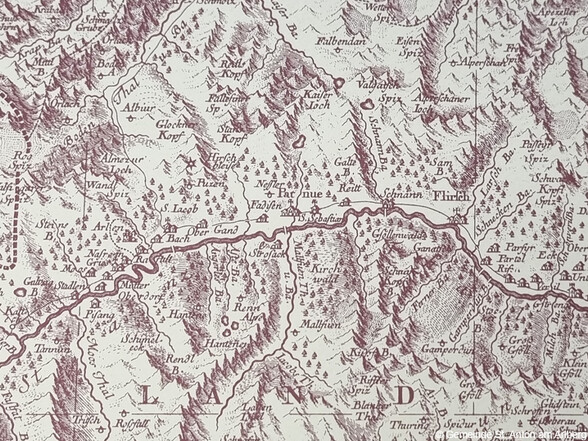 Ausschnitt einer alten Landkarte mit eingezeichneten Bergen, Tälern und Ortschaften rund um das Stanzertal, Flirsch und Schnann.
