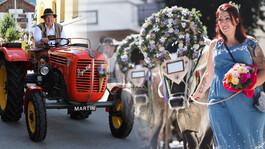 Traditioneller Almabtrieb mit geschmückten Tieren und Oldtimer-Traktor in St. Anton.