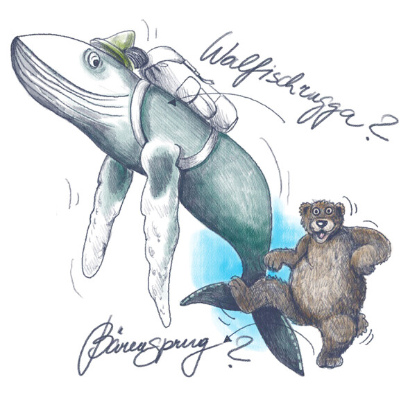 Humorvolle Zeichnung eines wandernden Wals mit Rucksack und Tirolerhut sowie eines tanzenden Bären, mit den Begriffen „Walfischruzga?“ und „Bärensprung?“.