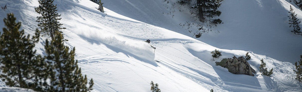 Freeride gleitet durch Tiefschnee in St. Anton am Arlberg. Er fährt abseits der Piste, Pulverschnee staubt auf, es sind verschneite Bäume und Felsen zu sehen.