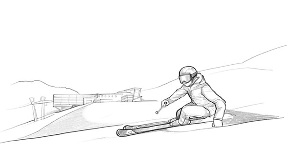 Eine detailreiche Skizze zeigt einen Skifahrer in tiefer Kurvenlage vor einer modernen Bergstation im Hintergrund.