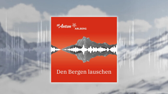 Grafik des Podcasts "Den Bergen lauschen" mit einer stilisierten Bergsilhouette und Schallwellen auf rotem Hintergrund.