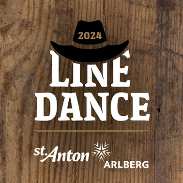 ‘Line Dance’ lettering and the St. Anton am Arlberg logo in white on a wooden background. A cowboy hat can be seen.