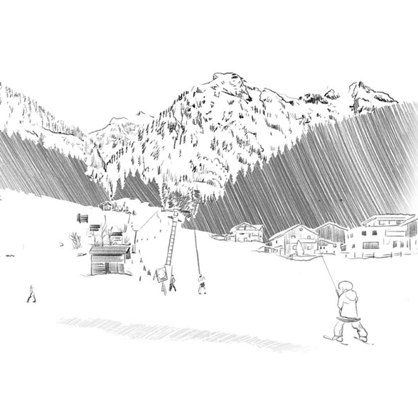 Eine detaillierte schwarz-weiße Zeichnung zeigt einen einfachen Tellerlift in einem schneebedeckten Dorf vor alpiner Bergkulisse.