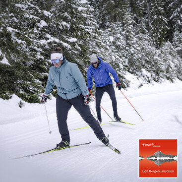 Zwei Langläufer:innen fahren im Skating-Stil durch einen verschneiten Nadelwald. Beide tragen Winterkleidung und Sportbrillen.