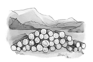 Zeichnung von frisch gefällten Baumstämmen, ordentlich gestapelt vor einer alpinen Kulisse mit Bergen und sanften Hügeln.