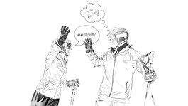 Schwarz-weiße Skifahrer-Illustration mit humorvoller Gedankenblase zur Pistenkommunikation.