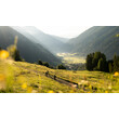 Wandernde auf einem sonnigen Hang mit Blick ins grüne Tal und umliegende Berge / Hikers on a sunny slope with views into the green valley and surrounding mountains