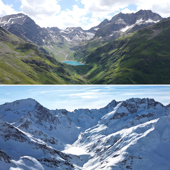 Split image comparison of a high alpine valley near St. Anton am Arlberg – top shows lush green summer scenery with a mountain lake, bottom shows snow-covered winter landscape with a frozen lake.