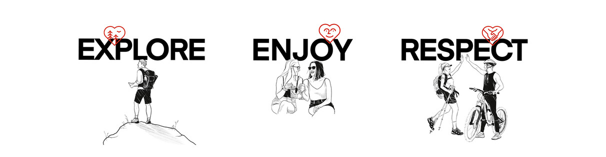 Black-and-white illustration with the words “EXPLORE”, “ENJOY”, and “RESPECT” in bold letters. Below “EXPLORE”, a person stands on a peak with a backpack; under “ENJOY”, two women toast with drinks; and below “RESPECT”, a hiker and a cyclist high-five. Red heart icons with matching symbols emphasize each theme. The graphic promotes mindful and respectful experiences in St. Anton am Arlberg.