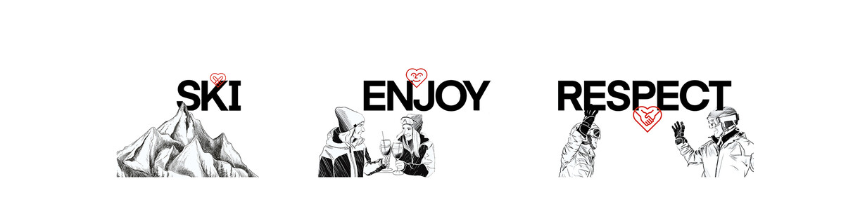 Illustration mit den Begriffen „SKI“, „ENJOY“ und „RESPECT“ – begleitet von Zeichnungen eines Bergpanoramas, zweier anstoßender Personen in Skikleidung und zwei Skifahrern beim High-Five. Herz-Symbole stehen jeweils für Gemeinschaft und Werte im Wintersport in St. Anton am Arlberg.