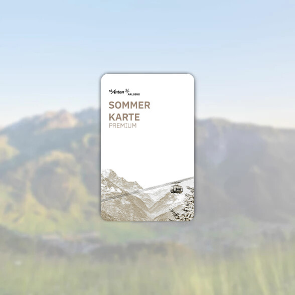 White St. Anton Summer Card Premium with illustrated cable car and Alpine panorama in the background.