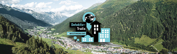 Das Panorama von St. Anton am Arlberg mit überlagerter Grafik der interaktiven Detektiv-Trails, die Kinder und Familien auf spannende Entdeckungstouren führen.