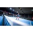 Ein Spieler in Aktion beim Aufschlag während eines Pickleball-Matches auf einem blau beleuchteten Hallenplatz / A player serves during a pickleball match on a blue-lit indoor court