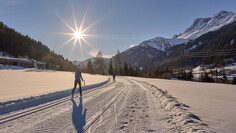 Ein Langläufer bewegt sich auf einer weitläufigen Loipe vor sonniger Bergkulisse.