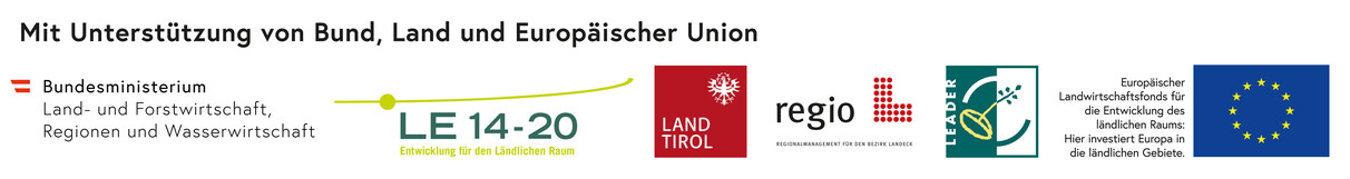 Logoleiste der Unterstützung des Projektes: LE 14-20, Land Tirol, regio L, EU