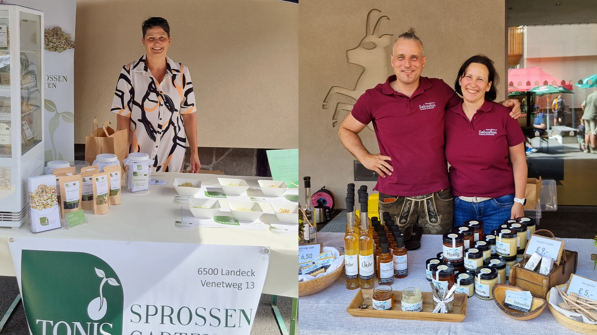 Zwei Marktstände mit freundlichen Anbieter:innen regionaler Spezialitäten und Naturprodukte. / Two market stalls with friendly vendors offering regional specialties and natural products.