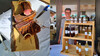 Links getrocknetes Rindfleisch auf Holzbrett, rechts regionaler Spirituosenverkauf mit freundlich präsentierendem Anbieter. / Left: dried beef on a wooden board, right: regional spirits sold by a smiling vendor.
