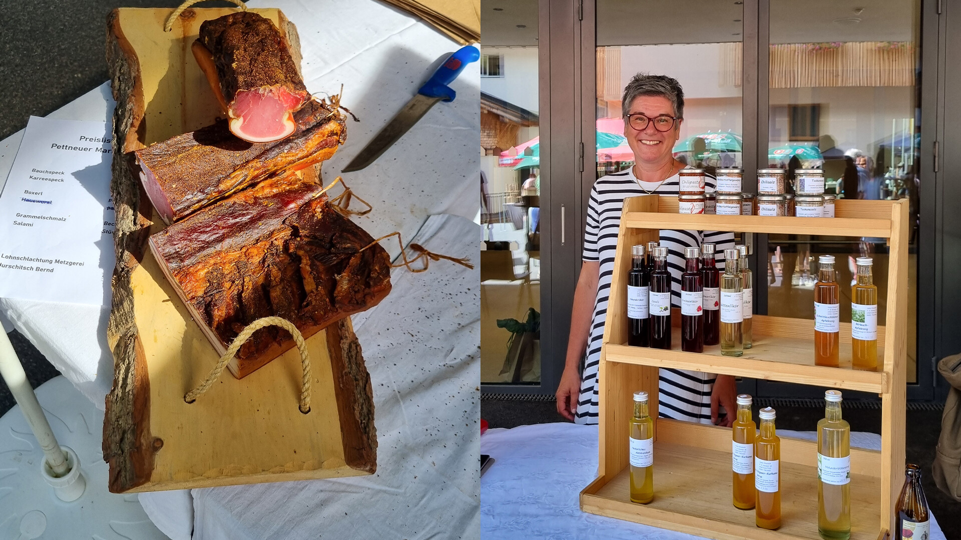 Links getrocknetes Rindfleisch auf Holzbrett, rechts regionaler Spirituosenverkauf mit freundlich präsentierendem Anbieter. / Left: dried beef on a wooden board, right: regional spirits sold by a smiling vendor.